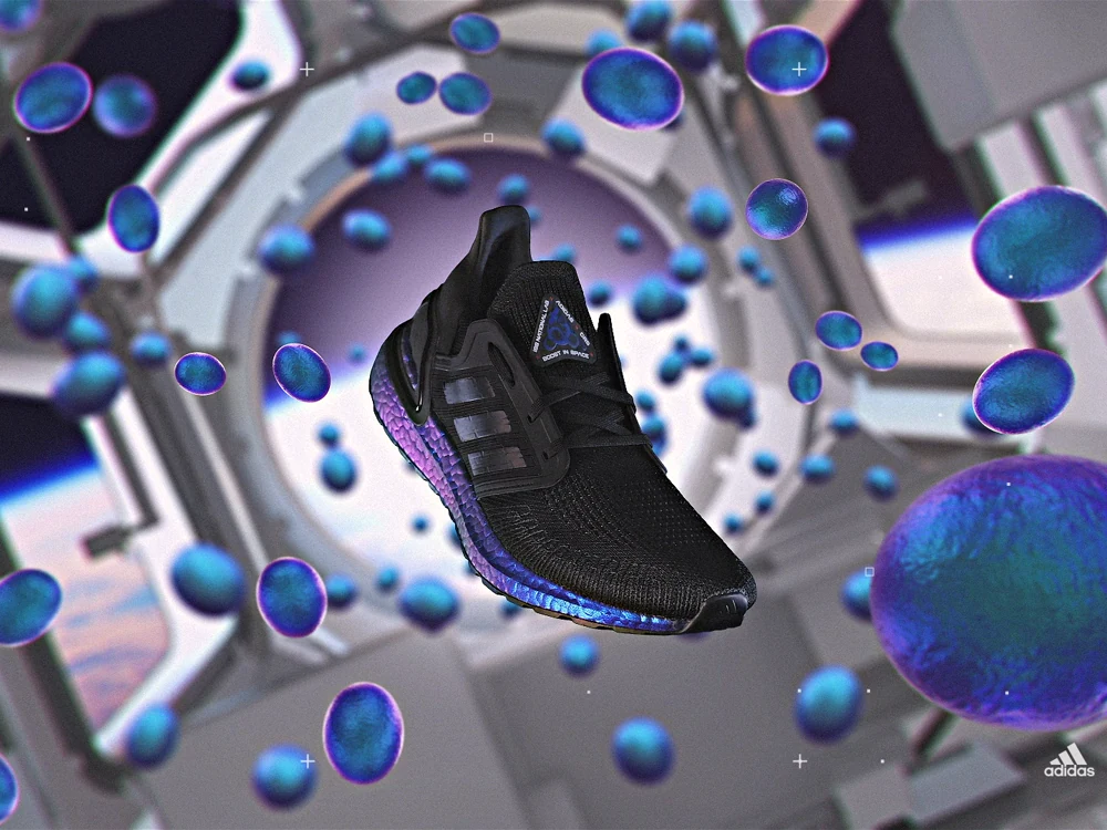 Black Adidas Ultraboost 20 floating among blue and violet spheres
