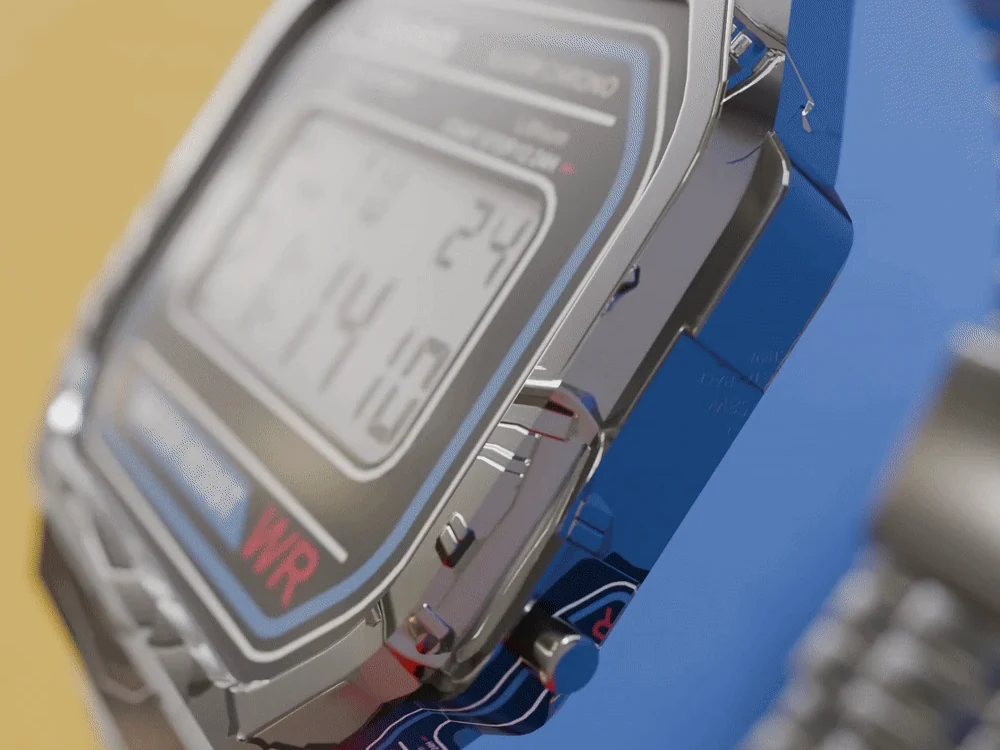 Macro CGI view of a translucent CASIO A168 watch
