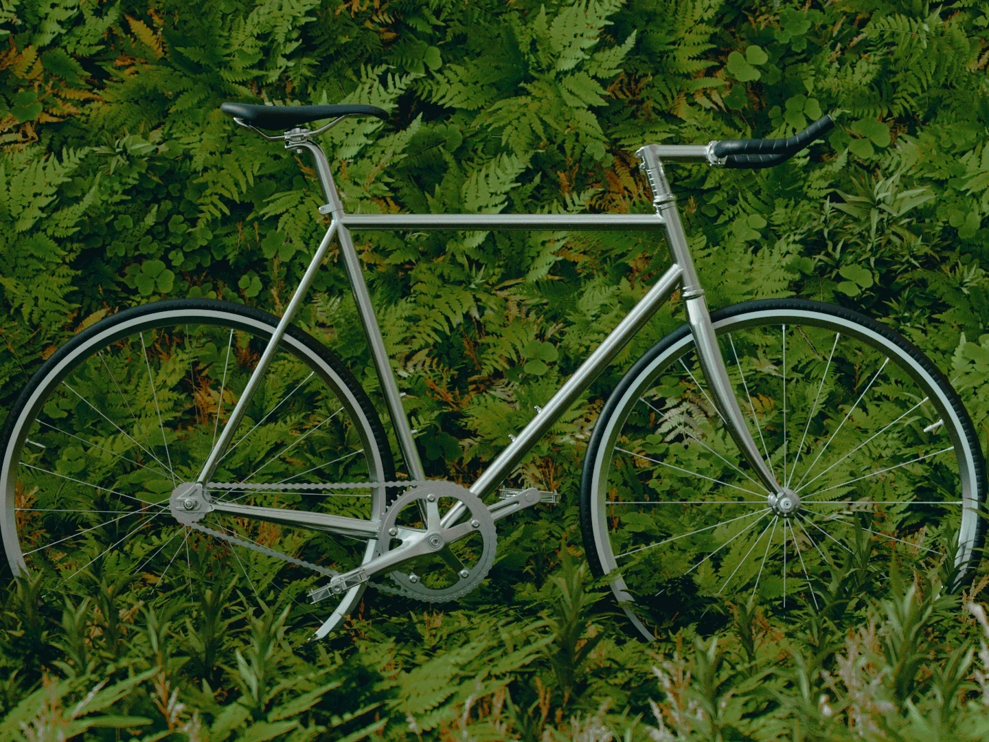 Silver bicycle surrounded by dense green foliage