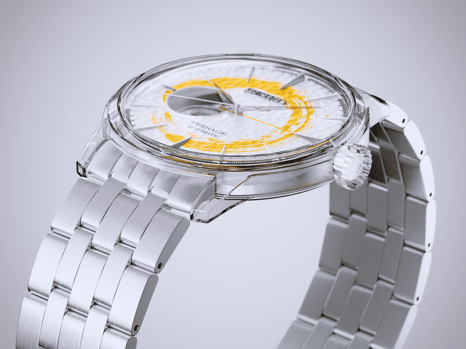Transparent Seiko watch with a yellow sumi-e inspired dial
