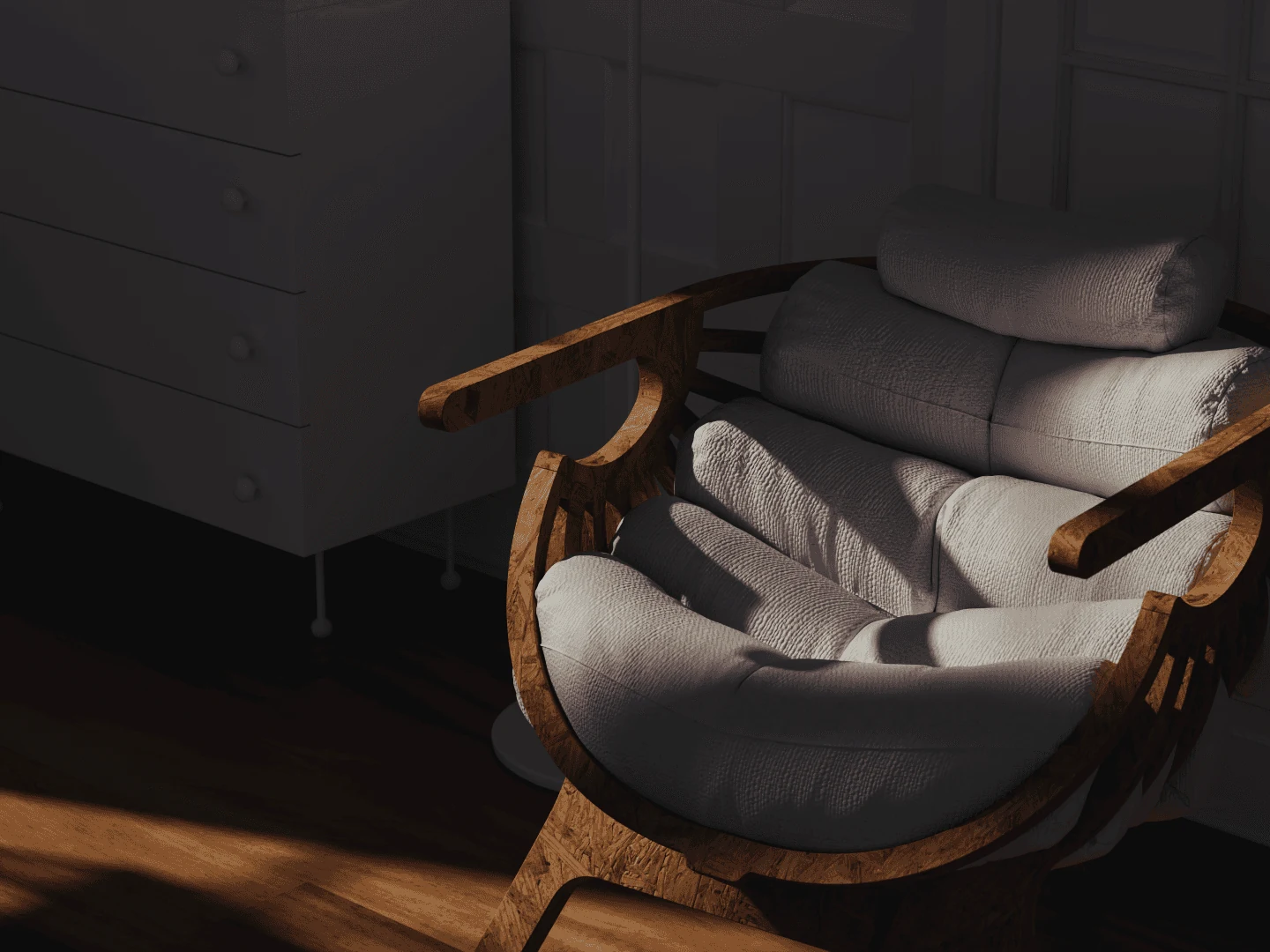 Scandinavian chair in a dark interior with warm sunlight