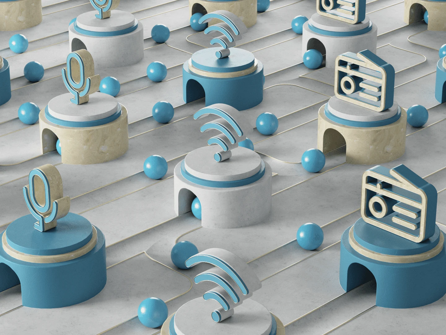 Broadcast design landscape of blue spheres, radios and architectural forms