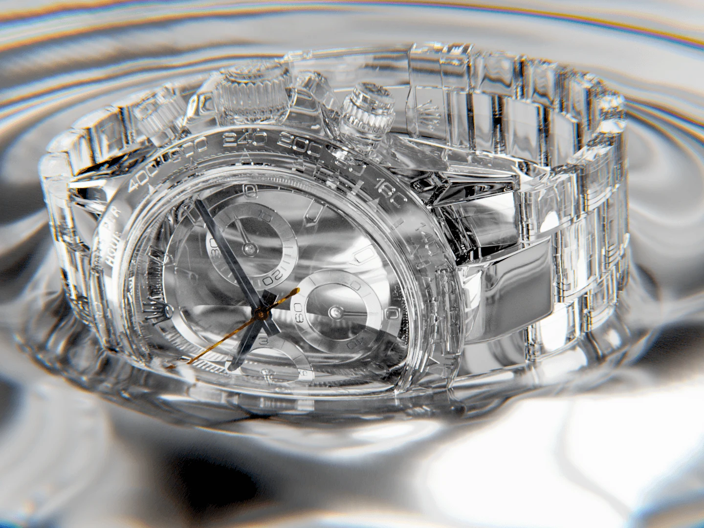 Transparent sapphire watch rendered through refracted light